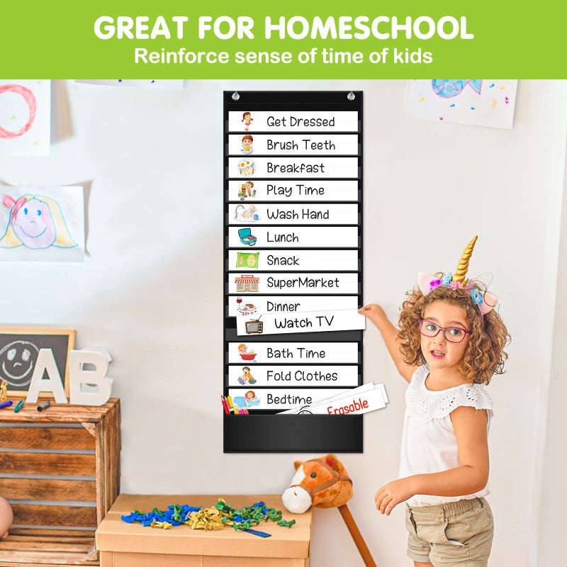 EAMAY Daily Schedule Pocket Charts, Teacher Schedule Chart with Resuable 18 Custom Cards, Classroom Pocket Chart for School Office or Homeschool Activities, Black - Image 2